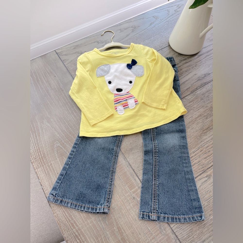 3-D Puppy Shirt and Flare Bottom Jeans with Embroidered Hearts